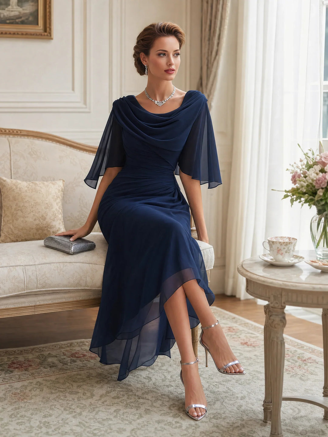 Philippa | Women's Navy Mother of the Groom Dress | Cowl Neck Cape Sleeve Midi
