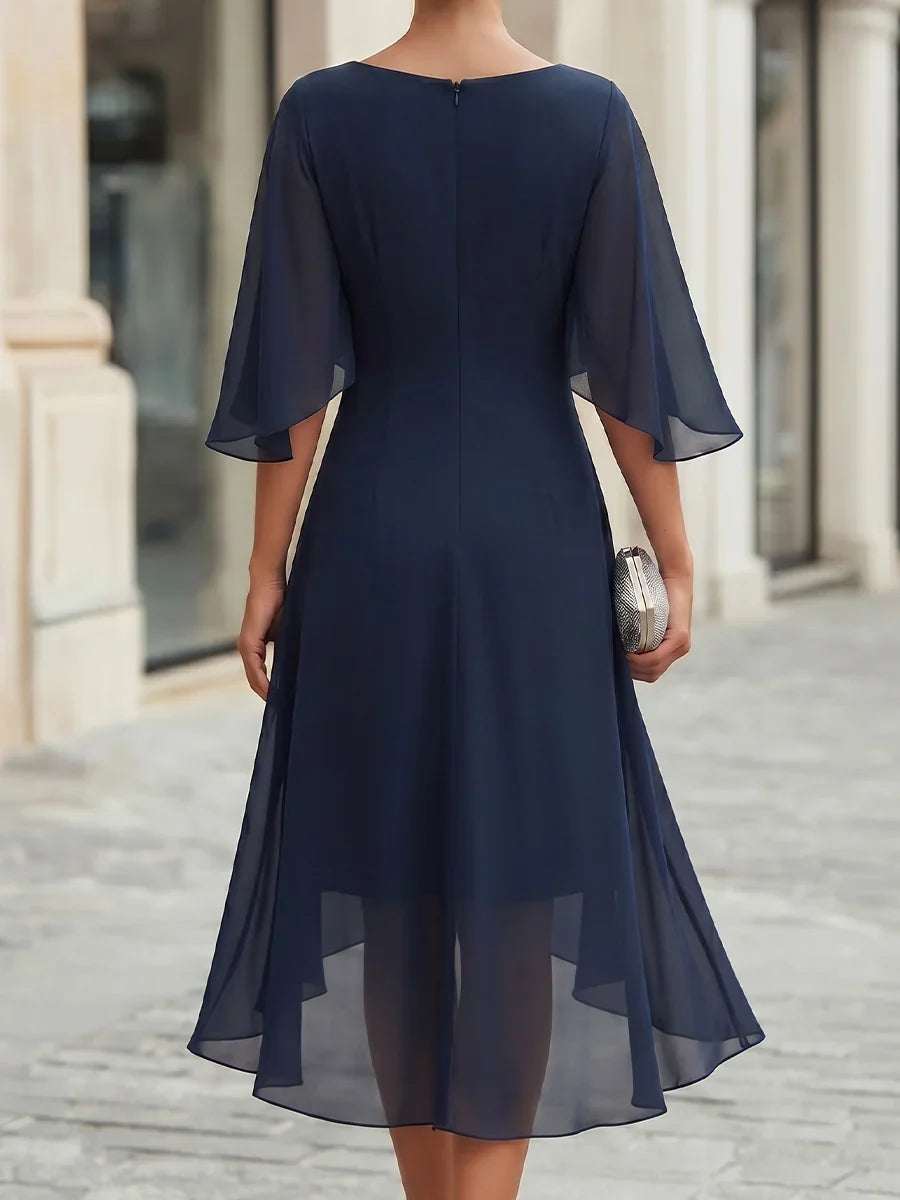 Philippa | Women's Navy Mother of the Groom Dress | Cowl Neck Cape Sleeve Midi