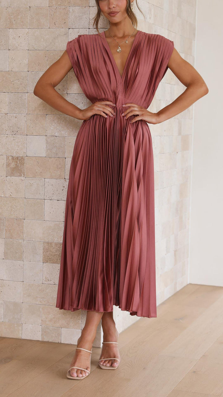 Shasta | Women's Wedding Guest Pleated V-Neck Dress | Cap Sleeve Midi