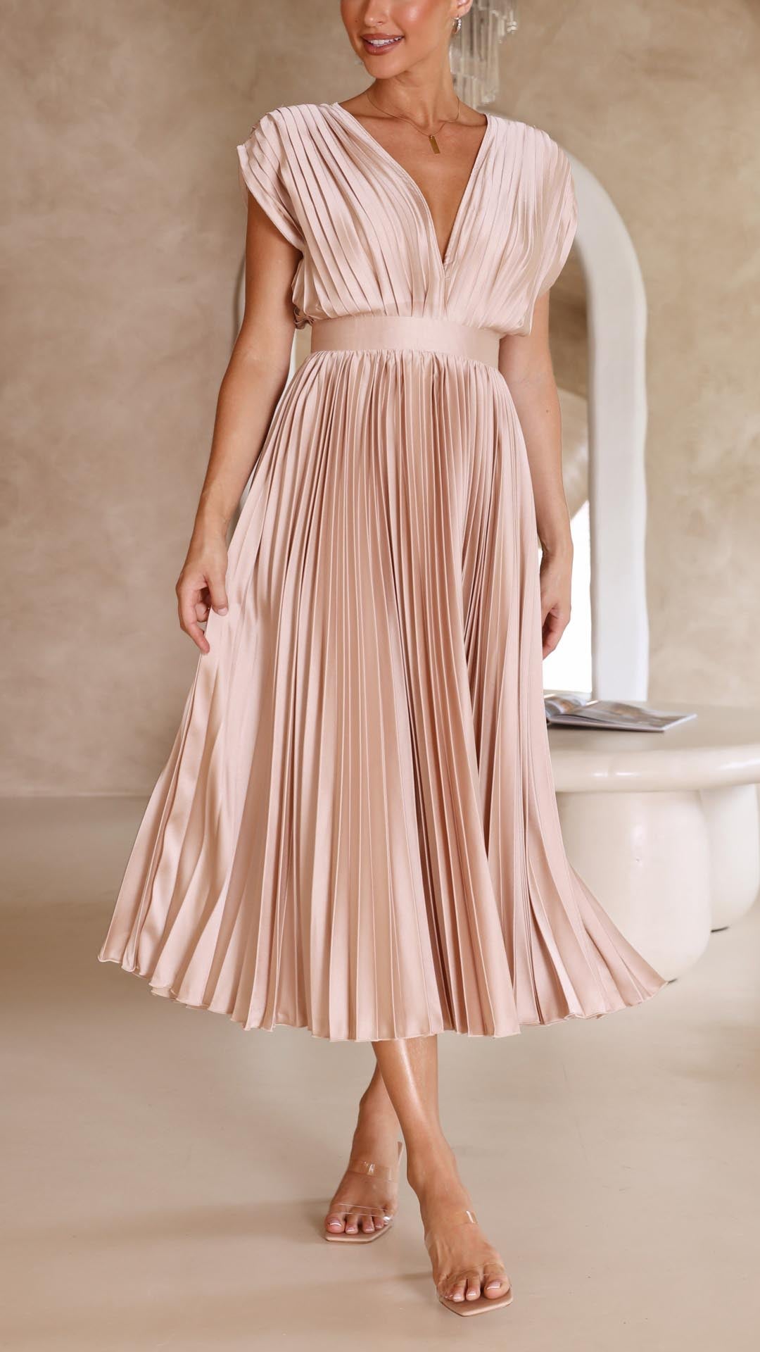 Shasta | Women's Wedding Guest Pleated V-Neck Dress | Cap Sleeve Midi