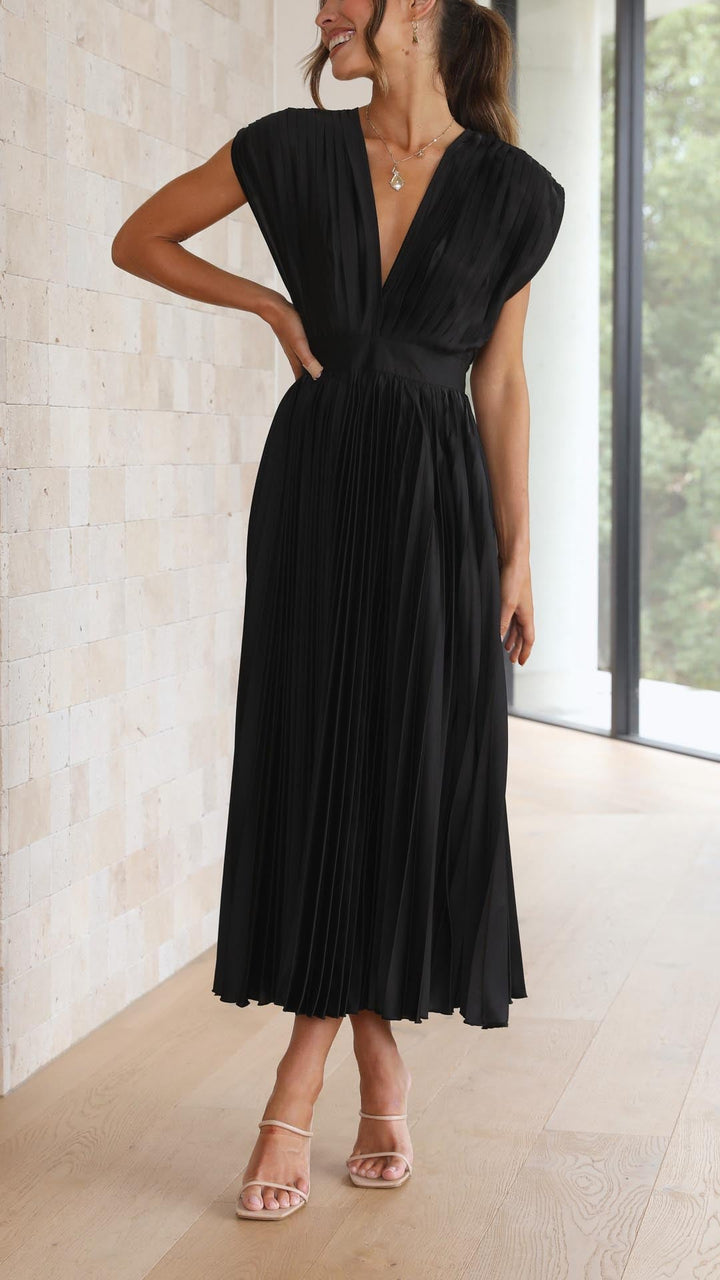 Shasta | Women's Wedding Guest Pleated V-Neck Dress | Cap Sleeve Midi