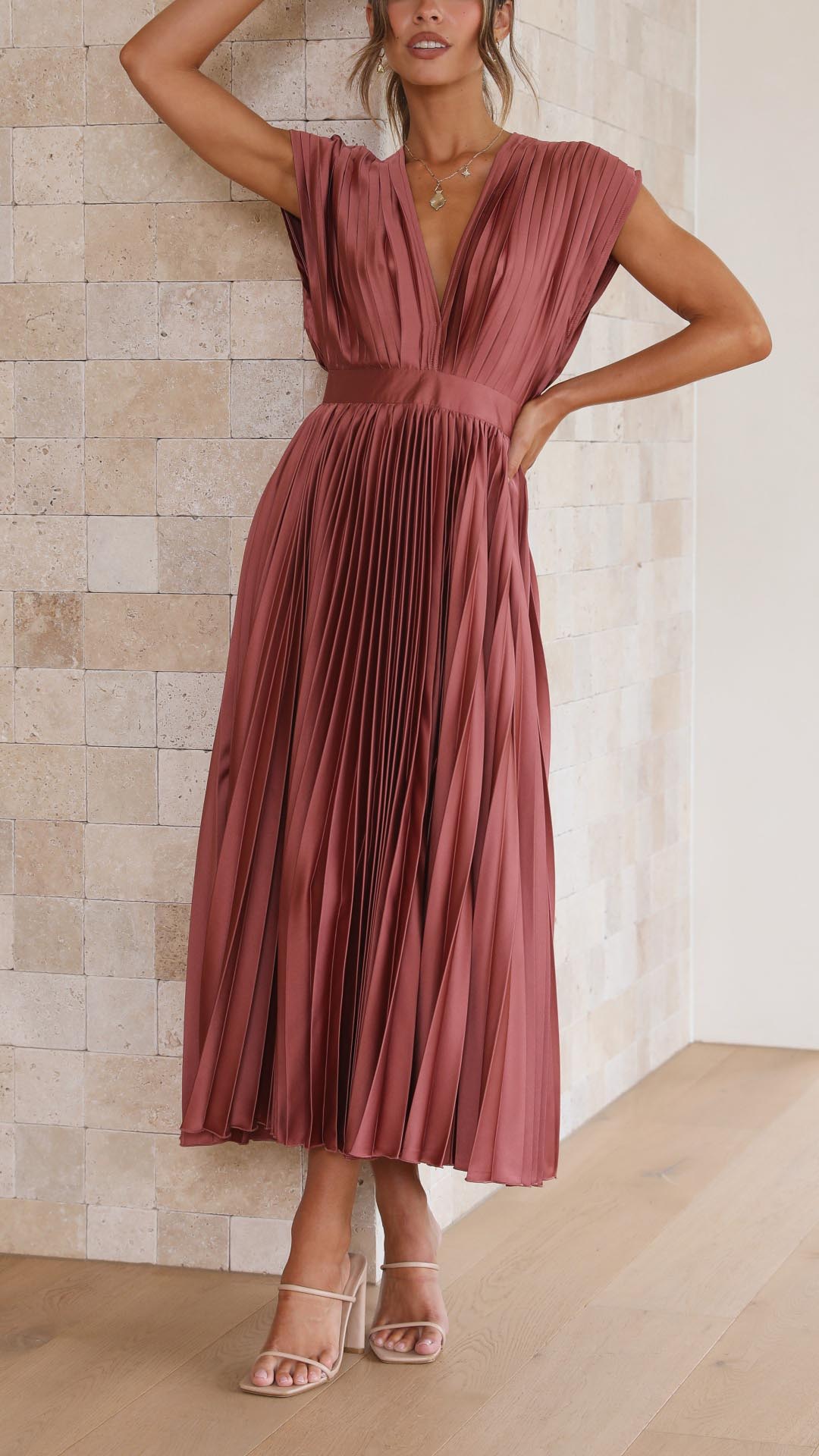 Shasta | Women's Wedding Guest Pleated V-Neck Dress | Cap Sleeve Midi