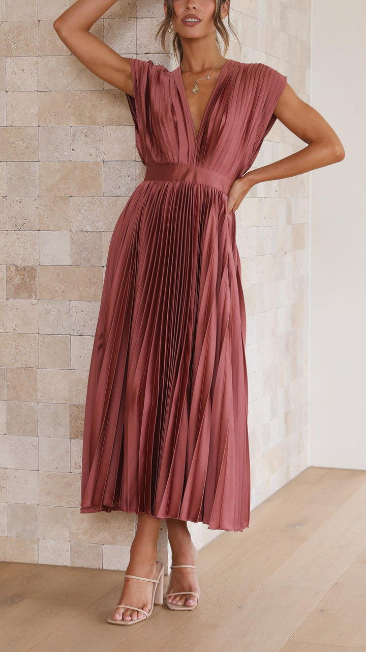 Shasta | Women's Wedding Guest Pleated V-Neck Dress | Cap Sleeve Midi