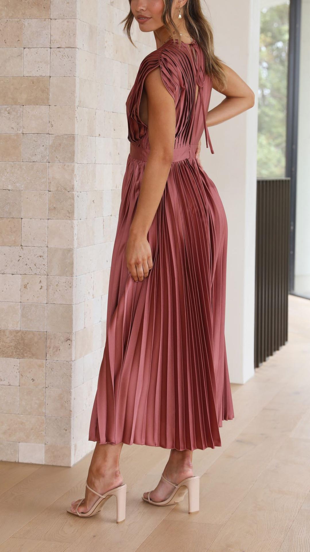 Shasta | Women's Wedding Guest Pleated V-Neck Dress | Cap Sleeve Midi