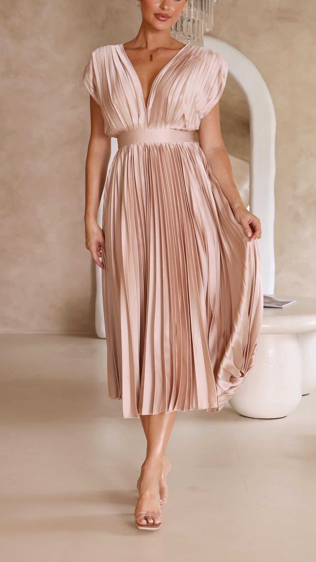 Shasta | Women's Wedding Guest Pleated V-Neck Dress | Cap Sleeve Midi