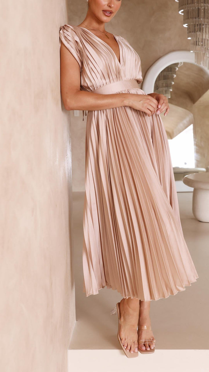 Shasta | Women's Wedding Guest Pleated V-Neck Dress | Cap Sleeve Midi