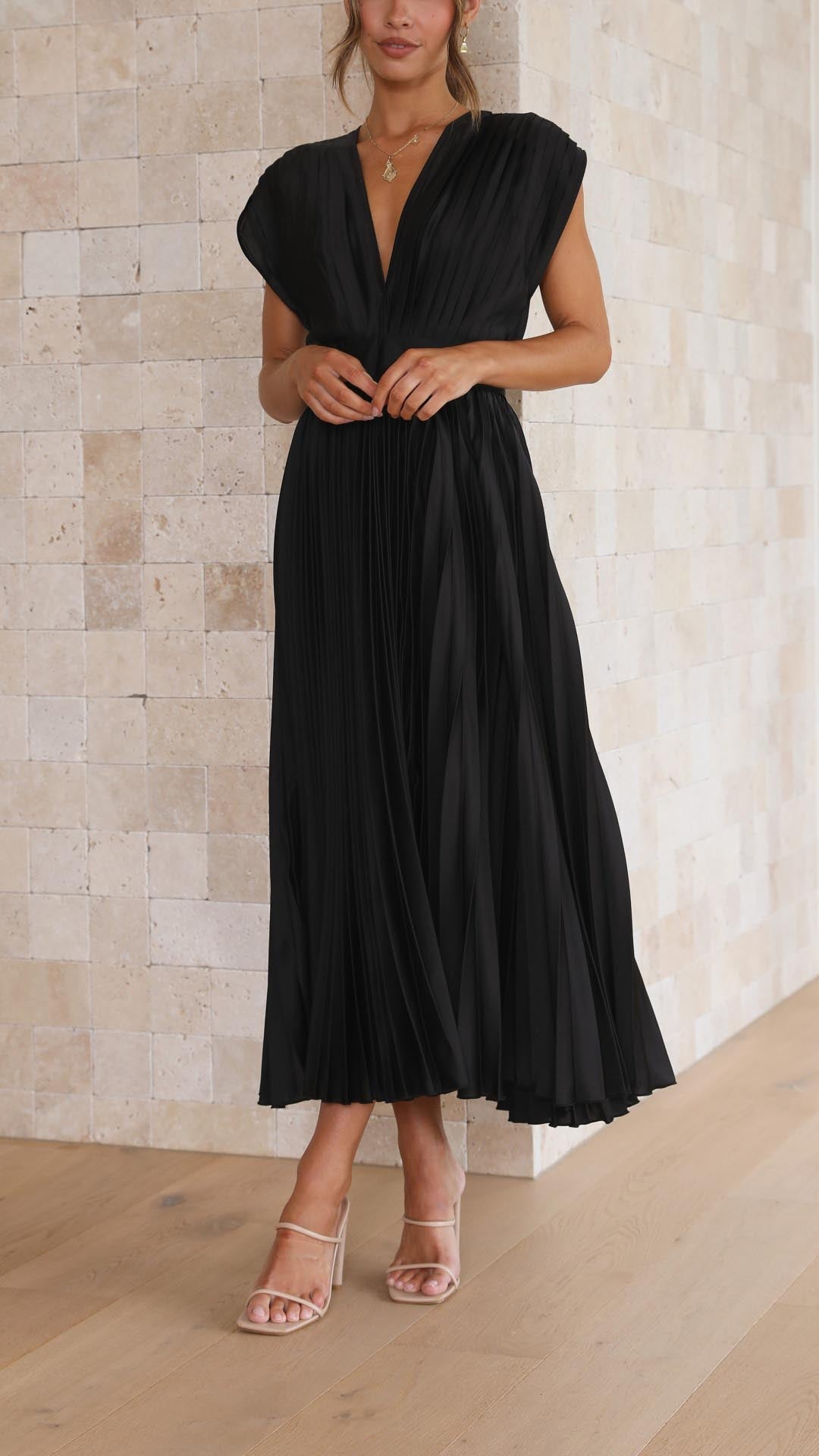 Shasta | Women's Wedding Guest Pleated V-Neck Dress | Cap Sleeve Midi
