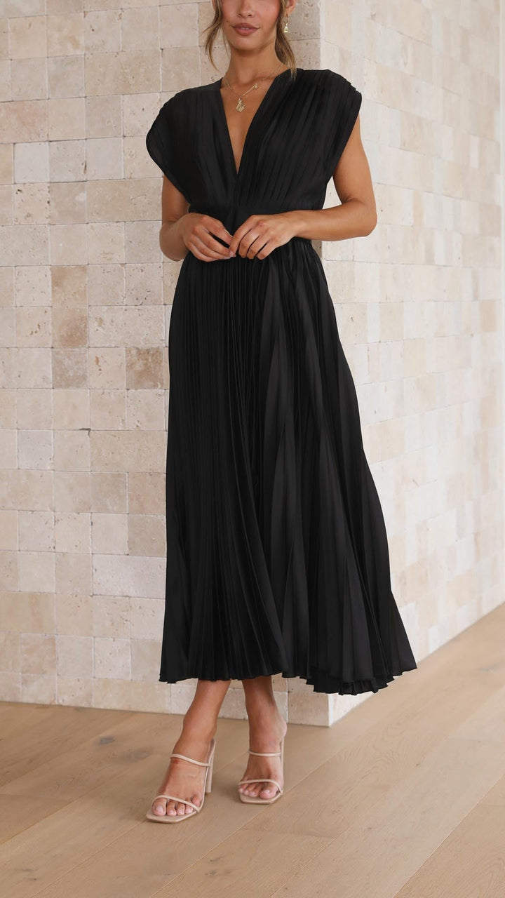 Shasta | Women's Wedding Guest Pleated V-Neck Dress | Cap Sleeve Midi