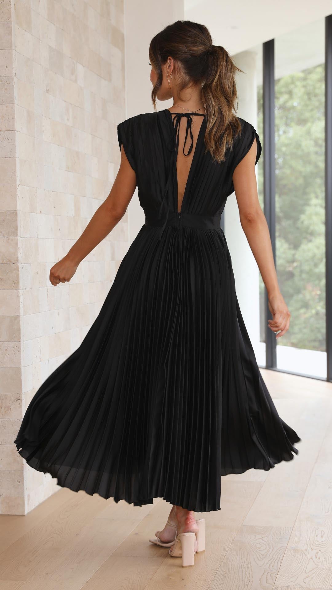 Shasta | Women's Wedding Guest Pleated V-Neck Dress | Cap Sleeve Midi