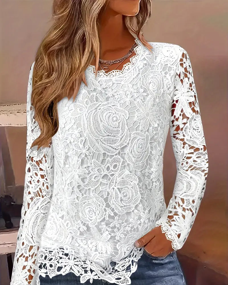 Jenner | Women's Sheer Lace Blouse | V-Neck Long Sleeve