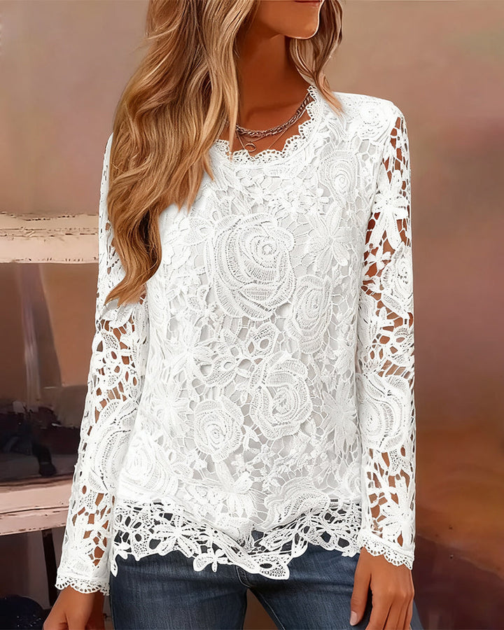 Jenner | Women's Sheer Lace Blouse | V-Neck Long Sleeve