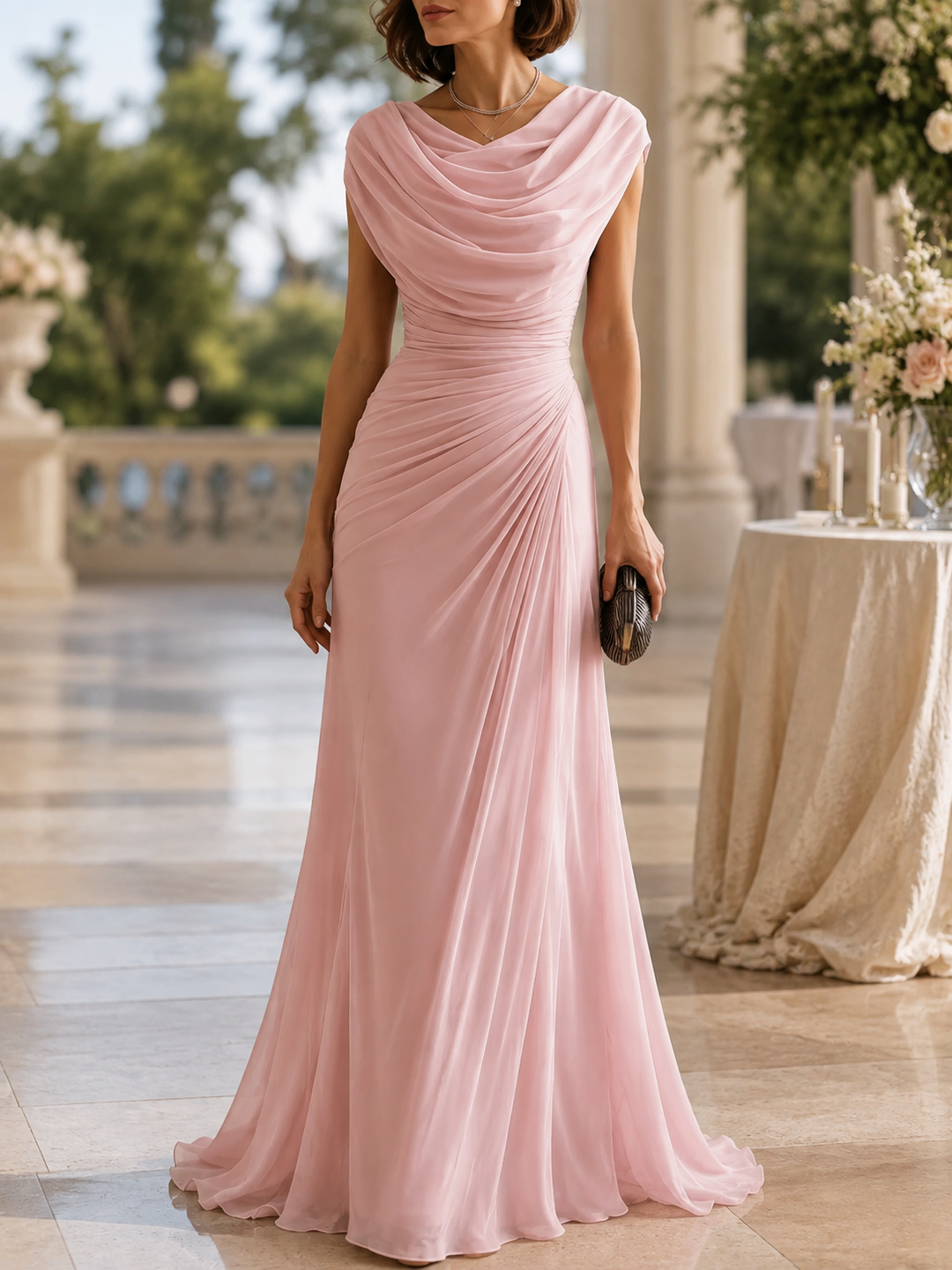 Golden Hill | Women's Wedding Guest Draped Neck Dress | Sleeveless Ruched Maxi