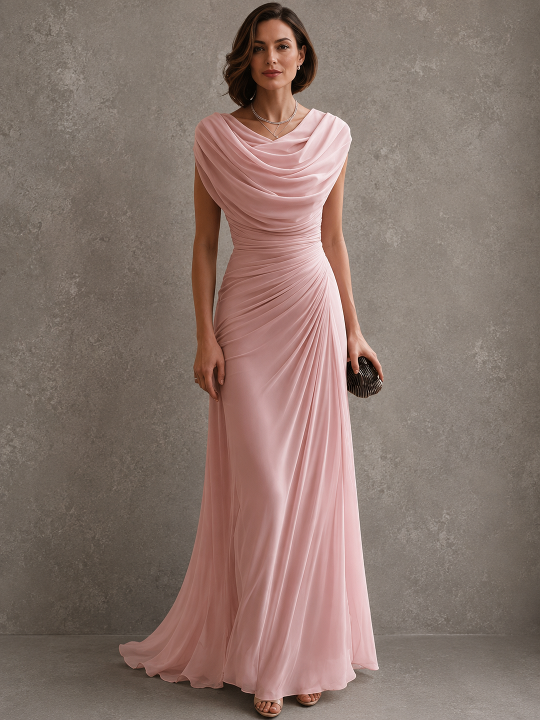 Golden Hill | Women's Wedding Guest Draped Neck Dress | Sleeveless Ruched Maxi