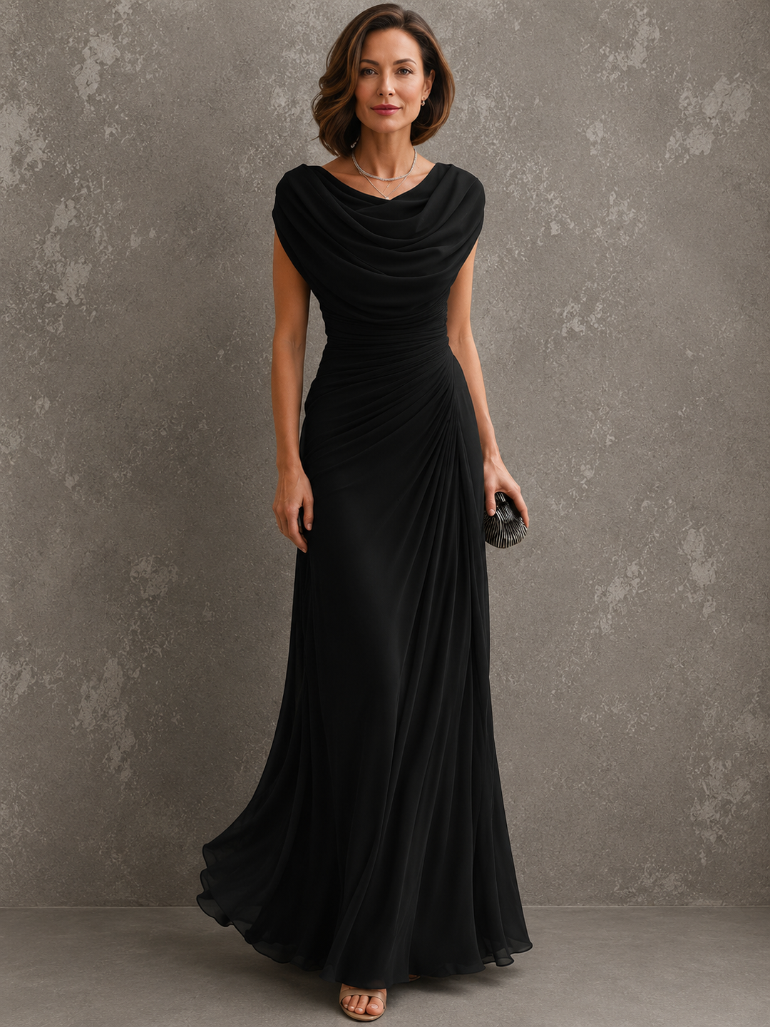 Golden Hill | Women's Wedding Guest Draped Neck Dress | Sleeveless Ruched Maxi