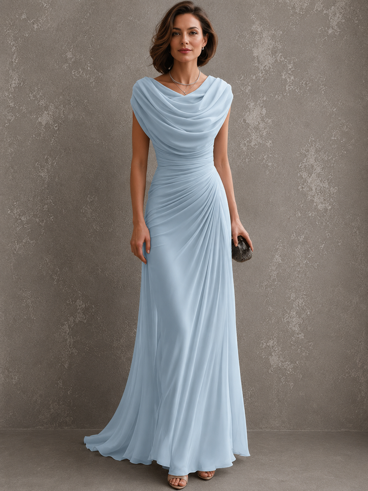 Golden Hill | Women's Wedding Guest Draped Neck Dress | Sleeveless Ruched Maxi