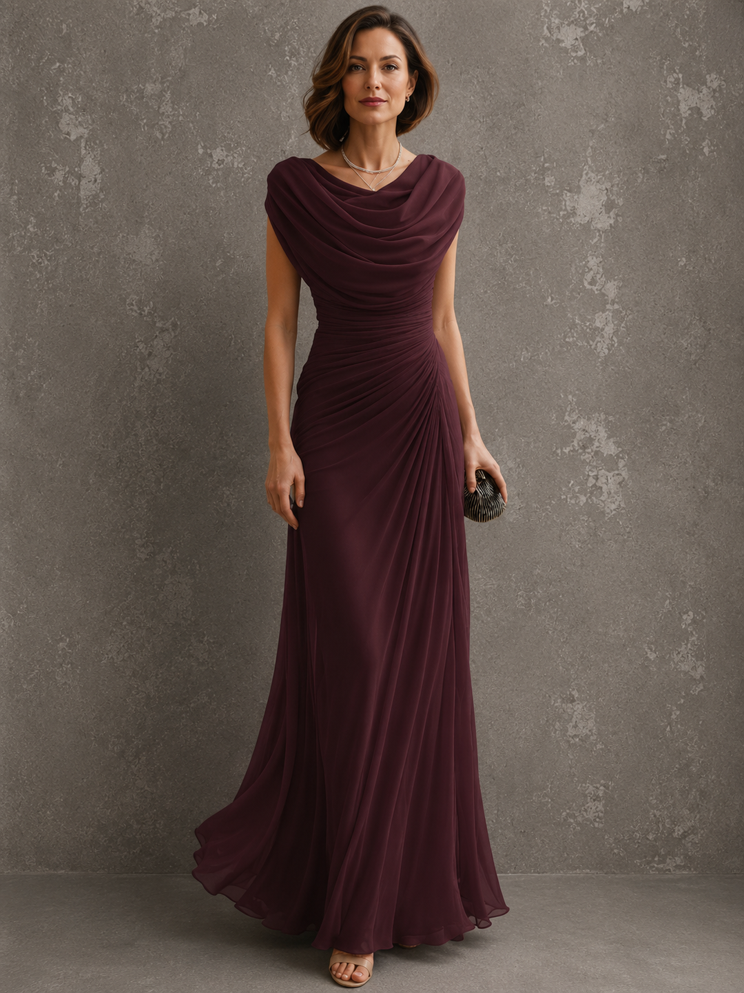 Golden Hill | Women's Wedding Guest Draped Neck Dress | Sleeveless Ruched Maxi