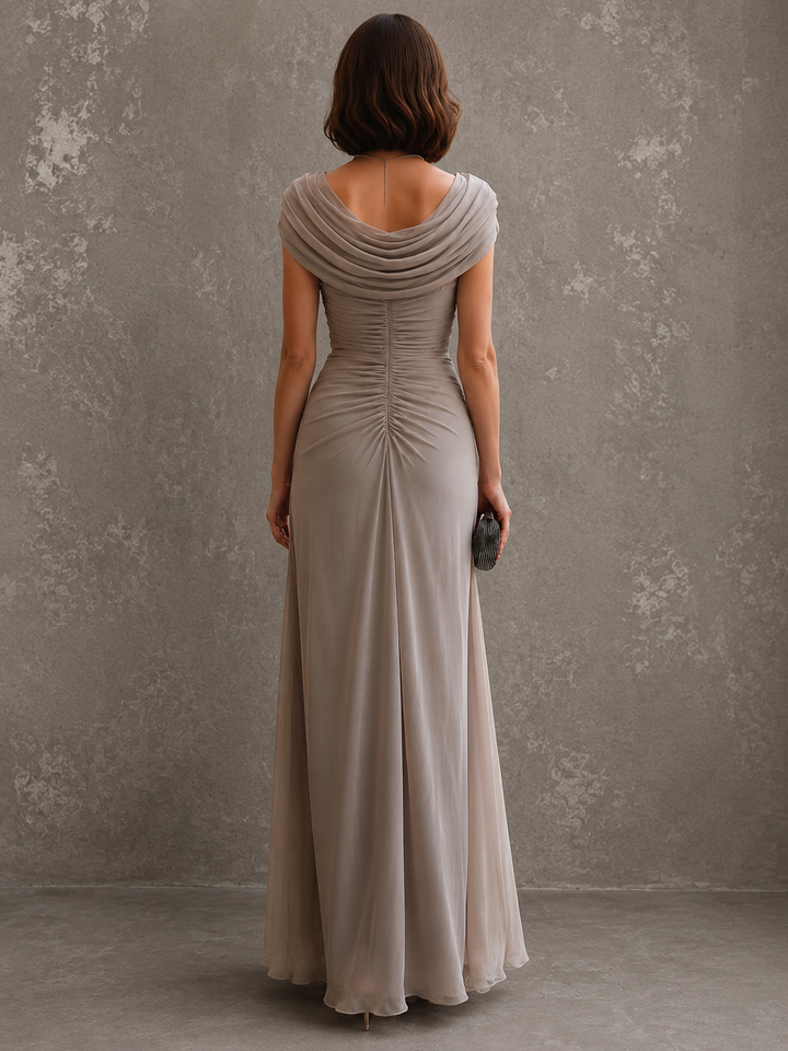 Golden Hill | Women's Wedding Guest Draped Neck Dress | Sleeveless Ruched Maxi